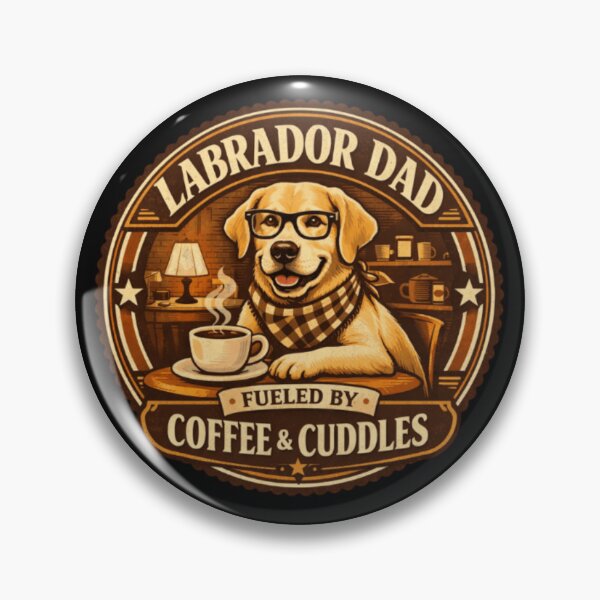 Artikelvorschau, Geschenk für Labrador-Papas – Retro-Hunde-Anstecker „Angetrieben von Kaffee und Kuscheln“ entworfen und verkauft von PawPrintCustom.