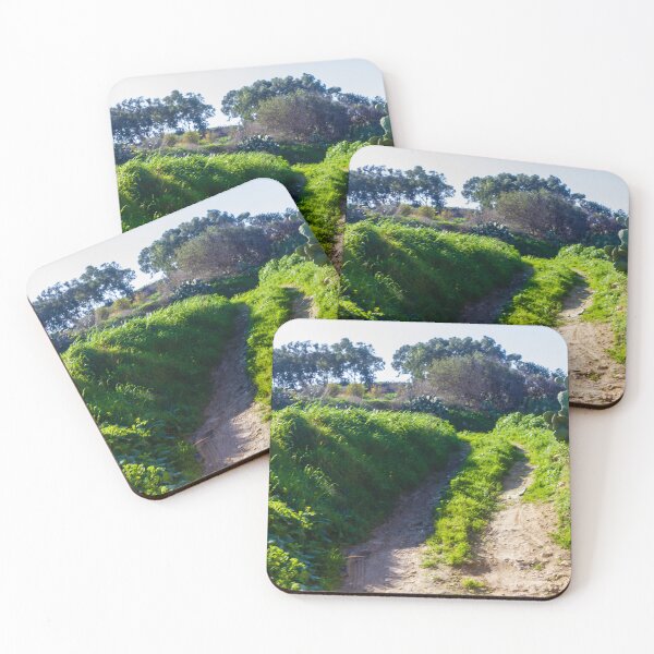 Item preview, Rural Dirt Path Through Lush Green Field With Cactus and Stone Wall Under Clear Sky designed and sold by Nmallia.