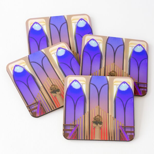 Item preview, Blue Neon Altar With Tall Candles and Central Statue in Modern Church Interior Display designed and sold by Nmallia.