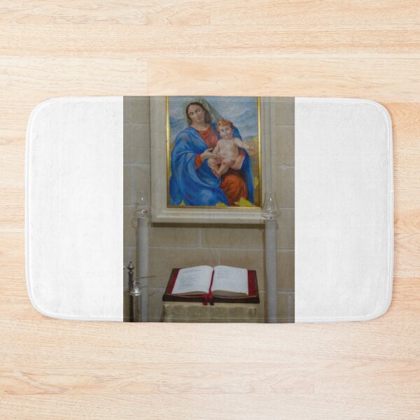 Item preview, Religious Artwork of Mary With Child Jesus Above Open Bible on Altar in Chapel Setting designed and sold by Nmallia.