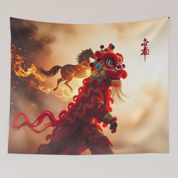 Item preview, Fire Horse Spirit – Lunar New Year Lion Dance Art designed and sold by DreamyWallVibes.