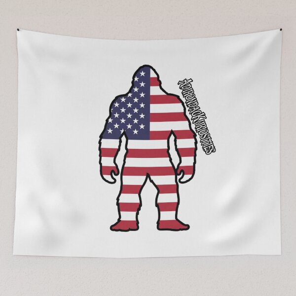 Item preview, Bigfoot Looking straight on with American Flag designed and sold by AdirondacKuriosities.