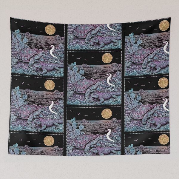 Item preview, Galapagos Wildlife at Night – Retro Stippling Mosaic with Giant Tortoise and Iguana designed and sold by Tw1nsAIArt.