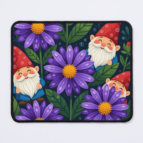 Item preview, 3 cute little gnomes peeping from behind the leaves of purple aster flowers designed and sold by Ponted.