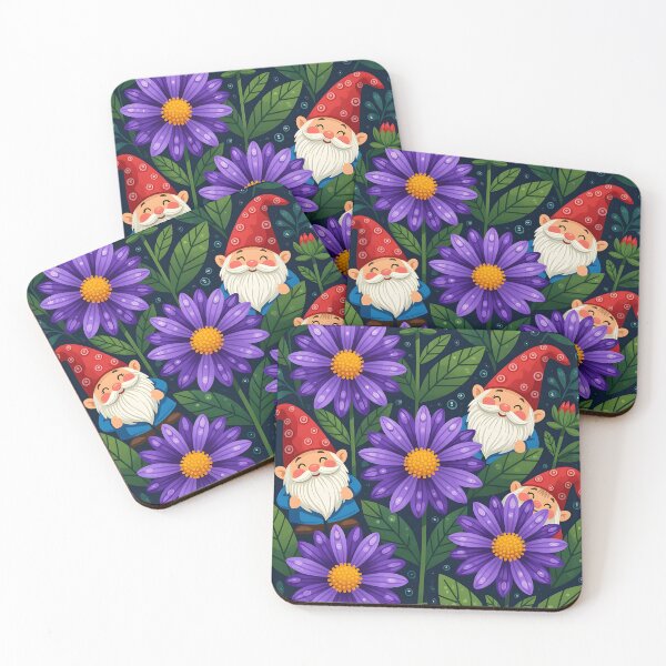 Item preview, 3 cute little gnomes peeping from behind the leaves of purple aster flowers designed and sold by Ponted.