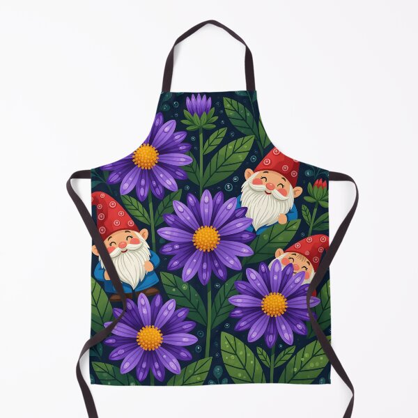 Item preview, 3 cute little gnomes peeping from behind the leaves of purple aster flowers designed and sold by Ponted.
