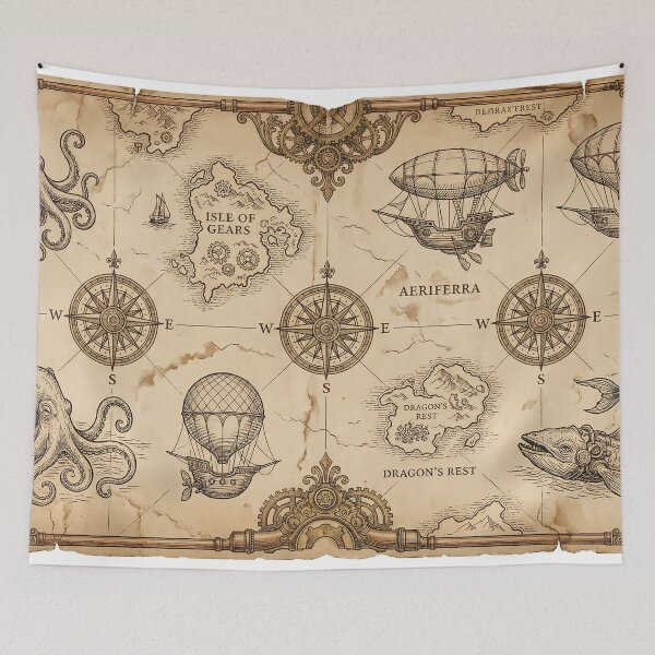 Item preview, Vintage Explorer - Steampunk Nautical Map Pattern designed and sold by Neon Nature Studio.