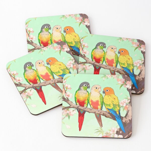 Item preview, Cute conures in a peach tree. designed and sold by lifewithbirds.