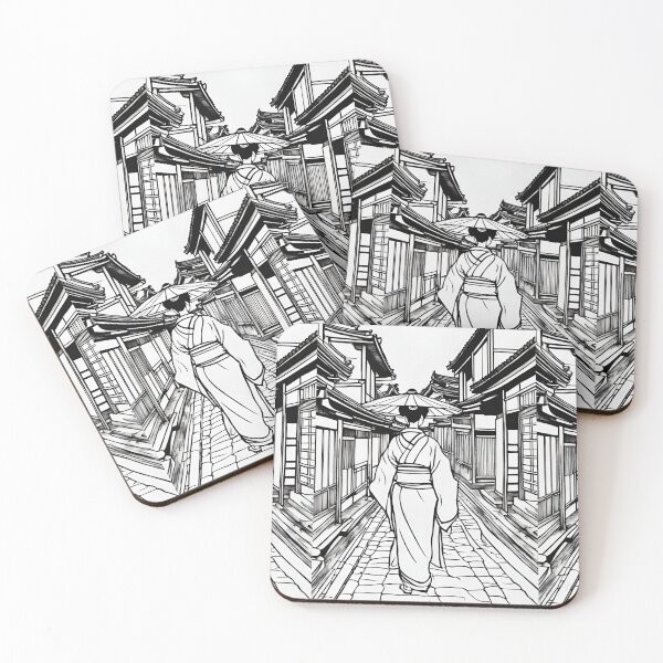 Item preview, Traditional Japanese Geiko in Kyoto Street – Black and White Outline designed and sold by Coolparrotgirl.