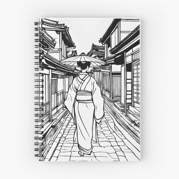 Item preview, Traditional Japanese Geiko in Kyoto Street – Black and White Outline designed and sold by Coolparrotgirl.