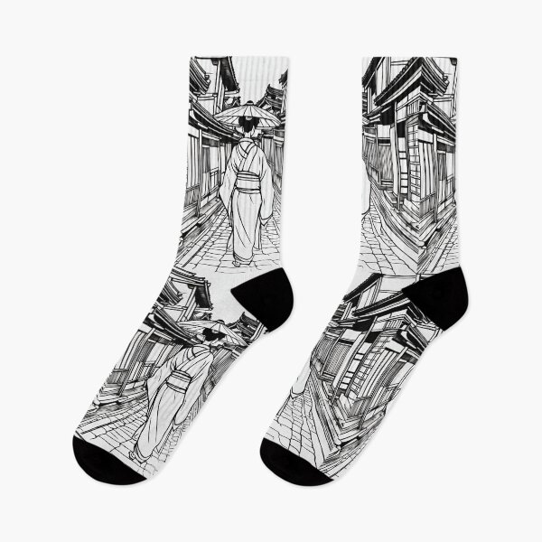 Item preview, Traditional Japanese Geiko in Kyoto Street – Black and White Outline designed and sold by Coolparrotgirl.