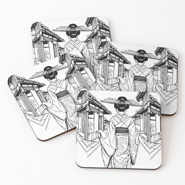 Item preview, Traditional Japanese Geiko in Kyoto Street – Black and White Outline designed and sold by Coolparrotgirl.