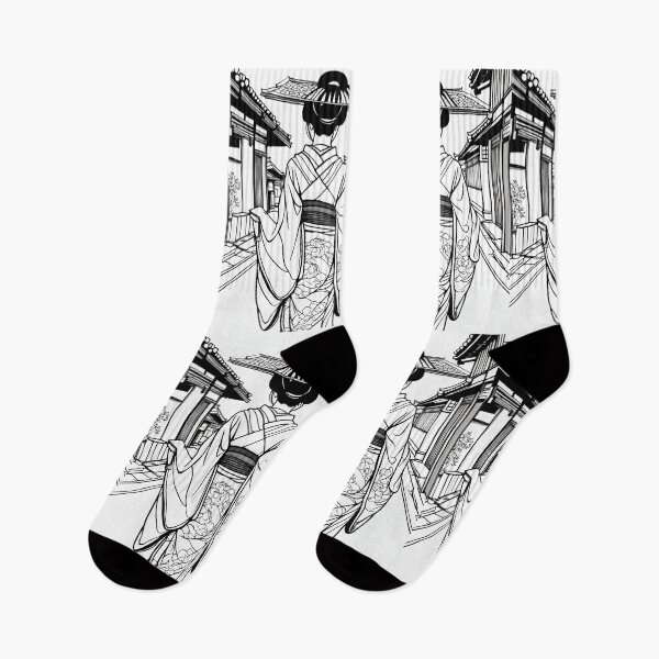 Item preview, Traditional Japanese Geiko in Kyoto Street – Black and White Outline designed and sold by Coolparrotgirl.