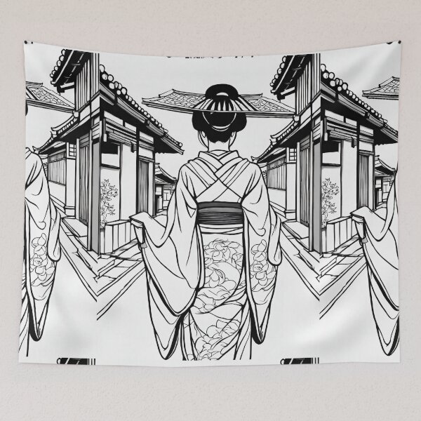 Item preview, Traditional Japanese Geiko in Kyoto Street – Black and White Outline designed and sold by Coolparrotgirl.