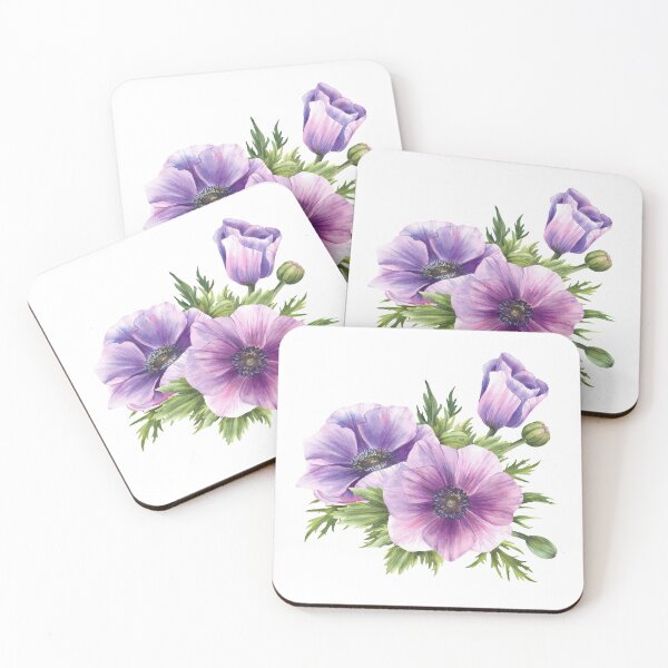 Item preview, Purple flowers Anemone with buds, leaves. Watercolor blooming bouquet of flowers designed and sold by BartolArt.