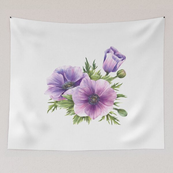 Item preview, Purple flowers Anemone with buds, leaves. Watercolor blooming bouquet of flowers designed and sold by BartolArt.