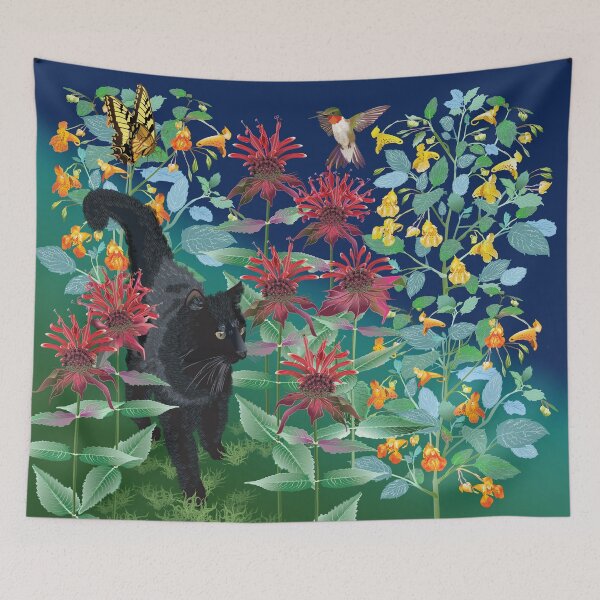 Item preview, Black Cat in the Wildflowers: Jewelweed and Bee Balm designed and sold by Jedi-Artist.