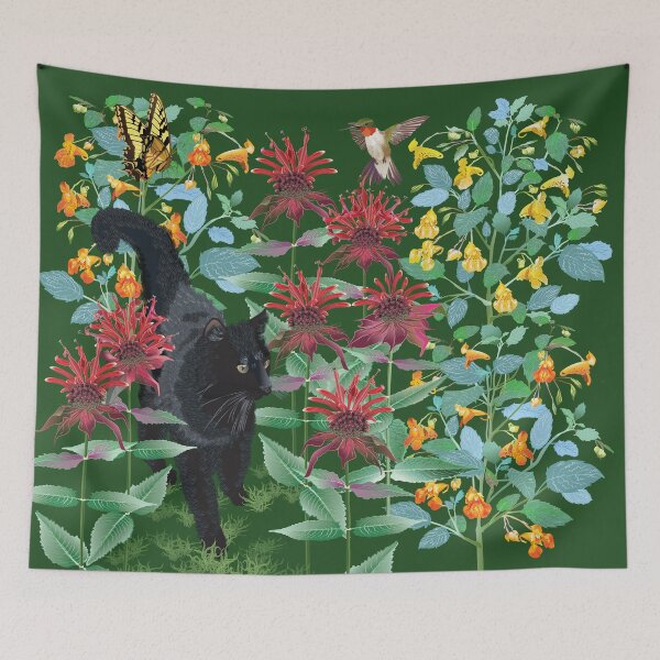 Item preview, Black Cat in the Wildflowers: Jewelweed and Bee Balm designed and sold by Jedi-Artist.