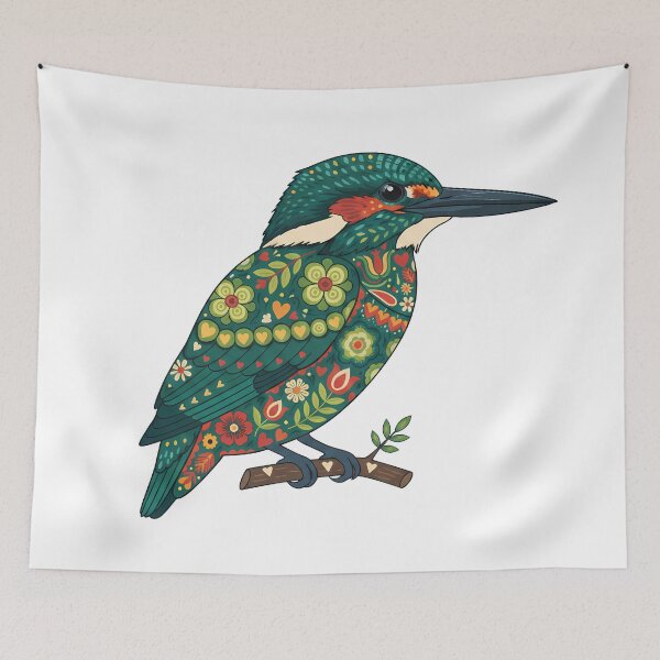 Item preview, Floral Green Kingfisher – Scandinavian Folk Art by heidiannemorris © designed and sold by FOLK ART FUSION by heidiannemorris.