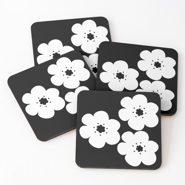 Item preview, 60's 70's Retro Scandinavian Flowers White Flowers Black Background designed and sold by MellowCat.