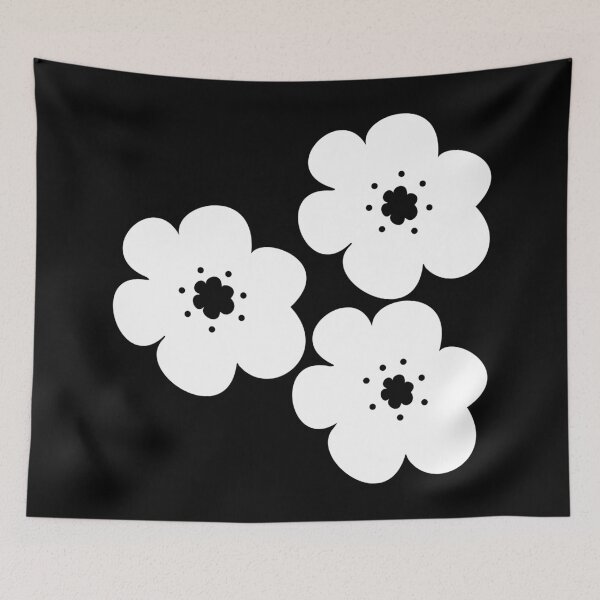 Item preview, 60's 70's Retro Scandinavian Flowers White Flowers Black Background designed and sold by MellowCat.