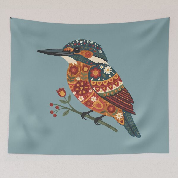 Item preview, Warm Autumn Kingfisher – Scandinavian Folk Art by heidiannemorris © designed and sold by FOLK ART FUSION by heidiannemorris.