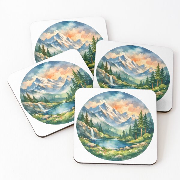 Item preview, Watercolor Mountain Lake Landscape – Serene Nature Scene with Waterfall and Pines designed and sold by Senkov.