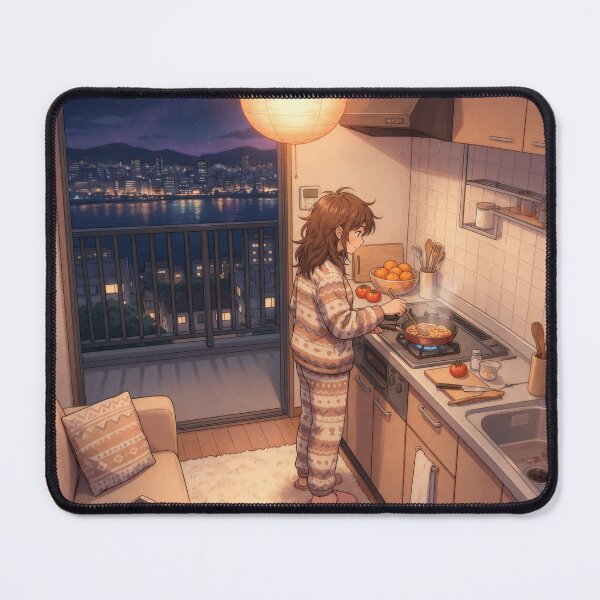 Item preview, Cozy Night Kitchen – Girl Cooking with Cat & City View designed and sold by AbstractAuraArt.