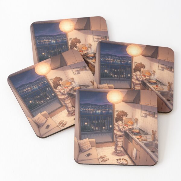 Item preview, Cozy Night Kitchen – Girl Cooking with Cat & City View designed and sold by AbstractAuraArt.