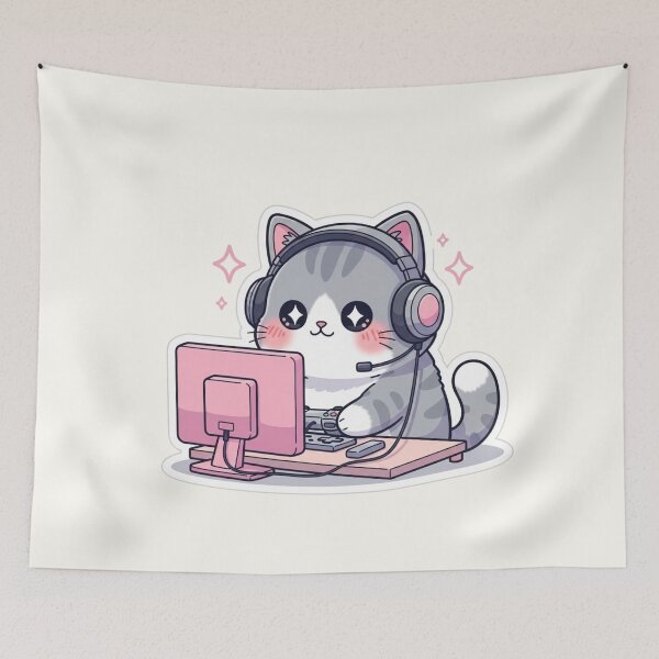 Item preview, Kawaii Gamer Cat with Headset – Cute Streaming Kitty designed and sold by soletstudio.