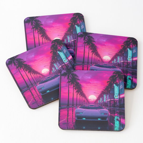Item preview, White Lamborghini Miami Sunset Boulevard Neon Retrowave Art designed and sold by Kynura.