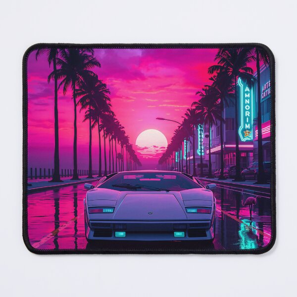 Item preview, White Lamborghini Miami Sunset Boulevard Neon Retrowave Art designed and sold by Kynura.