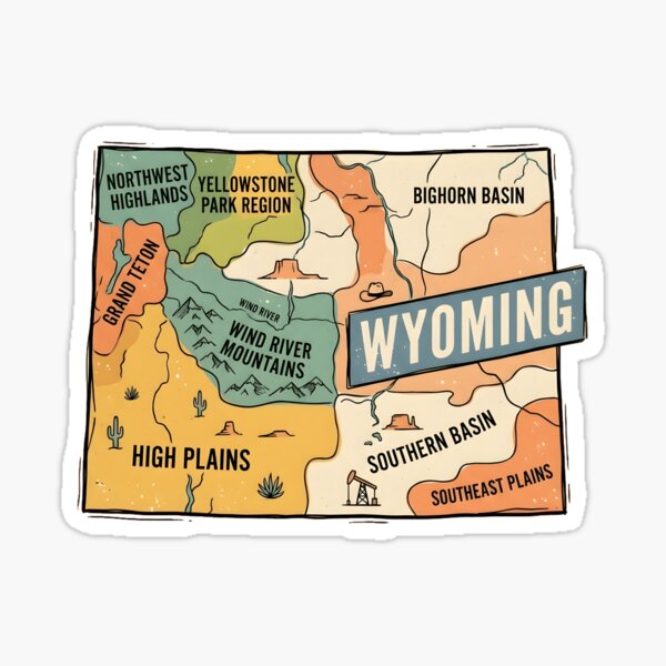 Wyoming State Illustrated Map – Retro State Regions & Landmarks Sticker