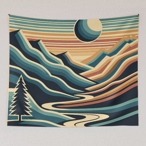 Item preview, Geometric Mountain Valley with Sun and River designed and sold by InkSmithery.