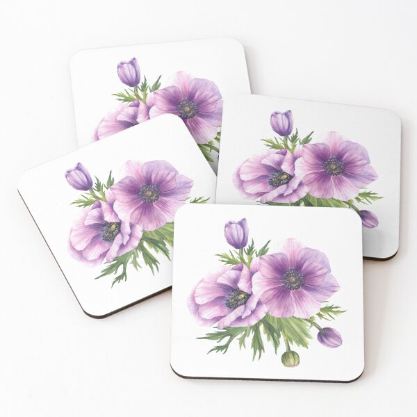 Item preview, Copy of Purple flowers Anemone with buds, leaves. Watercolor blooming bouquet of flowers designed and sold by BartolArt.