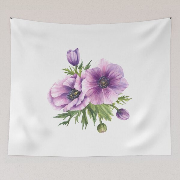 Item preview, Copy of Purple flowers Anemone with buds, leaves. Watercolor blooming bouquet of flowers designed and sold by BartolArt.