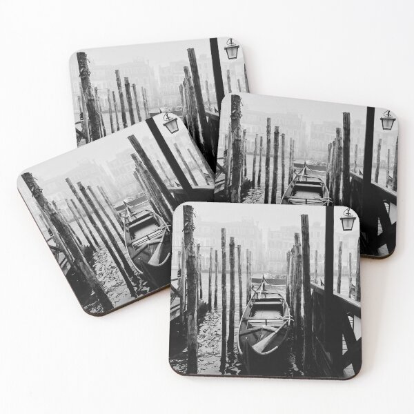 Item preview, Moored Gondolas in Venice Fog - Black and White Photography Print designed and sold by Sacred Twilight Art.