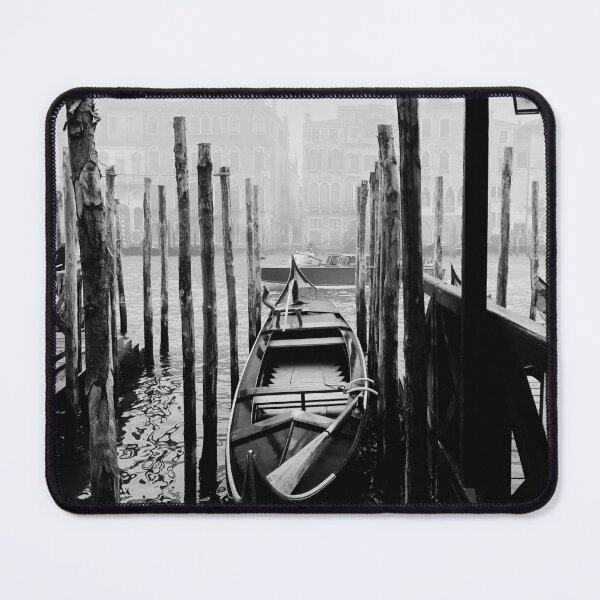 Item preview, Moored Gondolas in Venice Fog - Black and White Photography Print designed and sold by Sacred Twilight Art.