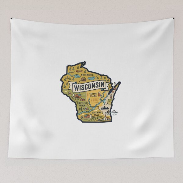 Item preview, Wisconsin Illustrated Map – Retro State Regions & Landmarks designed and sold by Paper Drip.