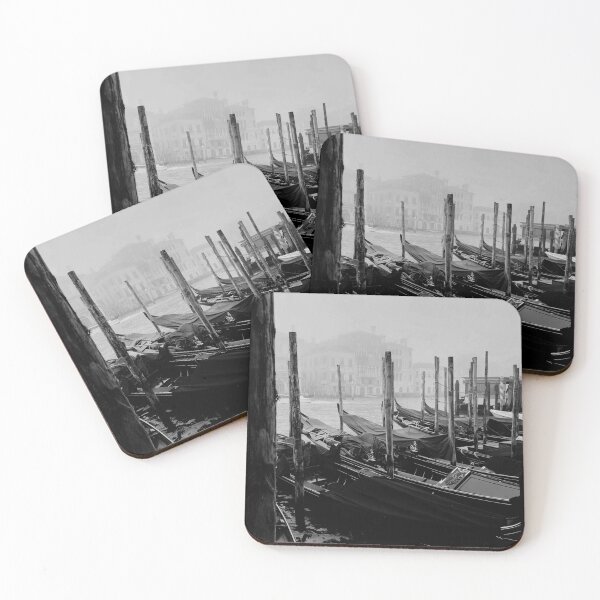Item preview, Moored Gondolas in Venice Fog - Black and White Photography Print designed and sold by Sacred Twilight Art.