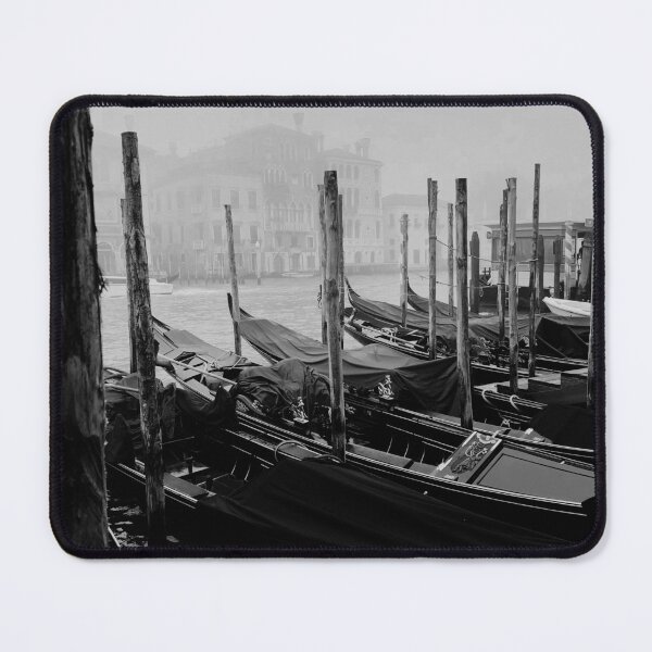 Item preview, Moored Gondolas in Venice Fog - Black and White Photography Print designed and sold by Sacred Twilight Art.