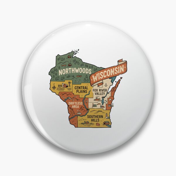 Item preview, Wisconsin Illustrated Map – Retro State Regions & Landmarks designed and sold by Paper Drip.