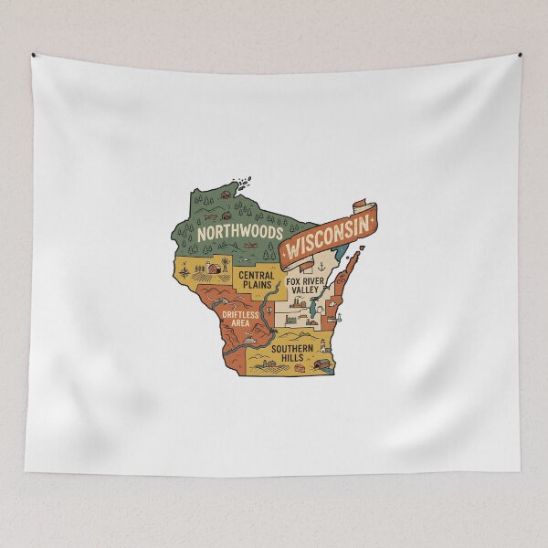 Item preview, Wisconsin Illustrated Map – Retro State Regions & Landmarks designed and sold by Paper Drip.