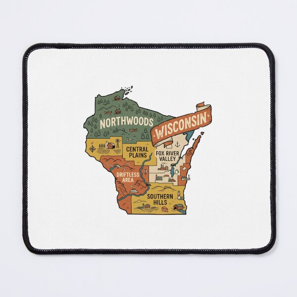 Item preview, Wisconsin Illustrated Map – Retro State Regions & Landmarks designed and sold by Paper Drip.