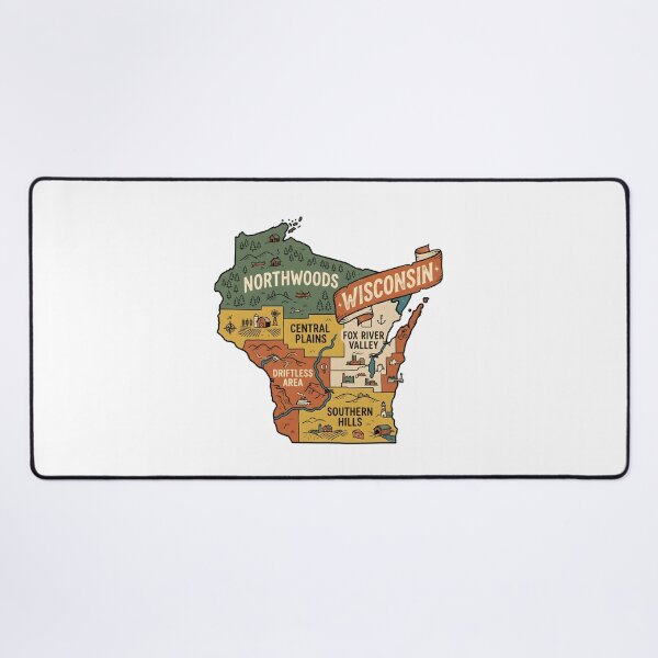 Item preview, Wisconsin Illustrated Map – Retro State Regions & Landmarks designed and sold by Paper Drip.