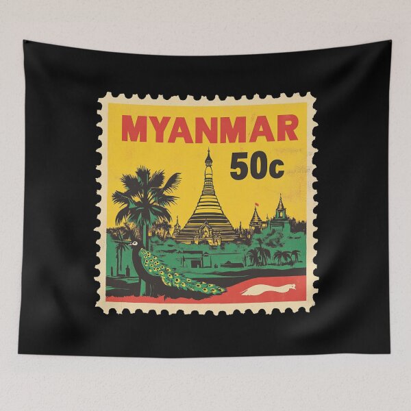 Item preview, Vintage Myanmar Postage Stamp Art - Shwedagon Pagoda & Peacock designed and sold by tiigerdad.