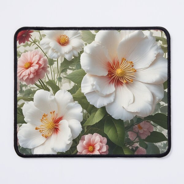 Artikelvorschau, Garten mit verträumten weißen Mohnblumen und rosa Dahlien entworfen und verkauft von KINGSMILESTORE.