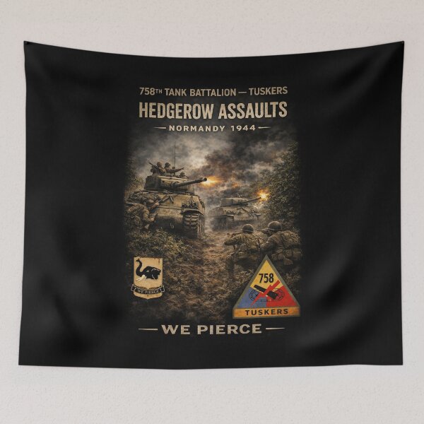 Item preview, 758th Tank Battalion - Tuskers in the hedgerow assault, 1944 - Poster - Adjust designed and sold by Military Insignia Products.
