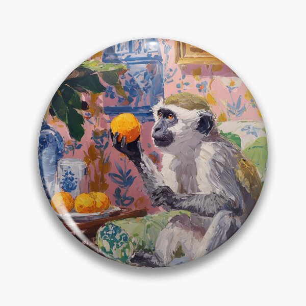 Item preview, Grandmillennial art, Monkey and oranges in pink chinoiserie room designed and sold by SophieClimaArt.