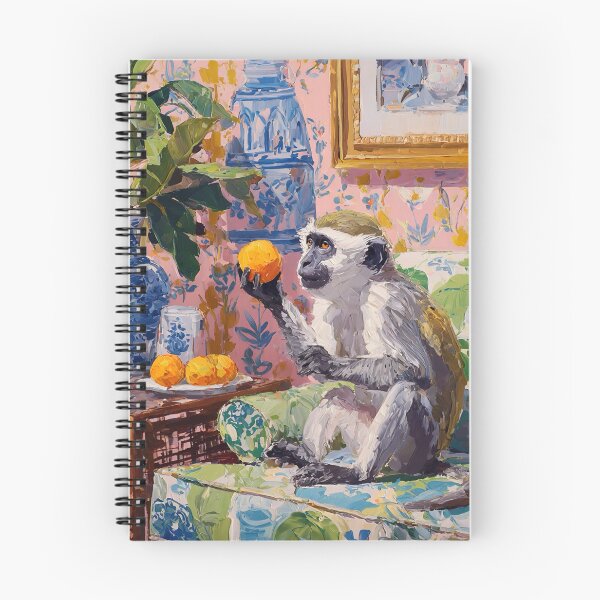 Item preview, Grandmillennial art, Monkey and oranges in pink chinoiserie room designed and sold by SophieClimaArt.